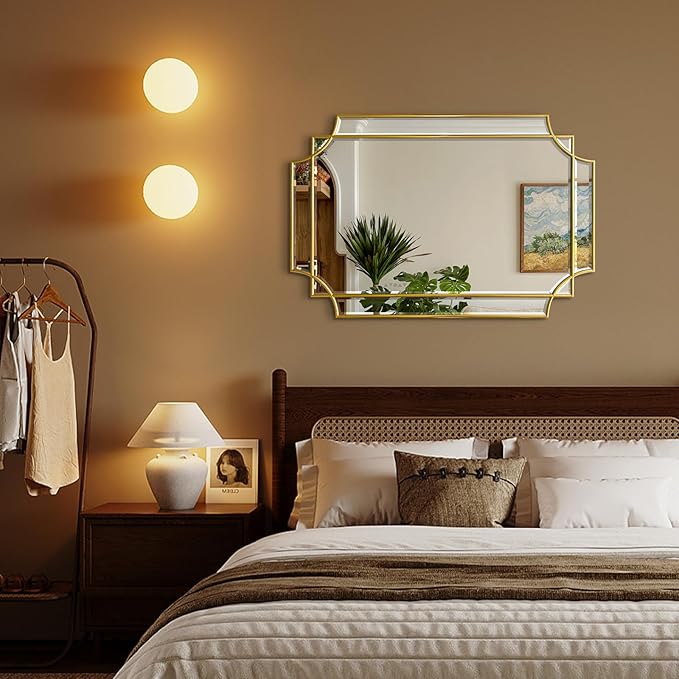 Gold Mirror for Wall, 36x24 Gold Wood Framed, Scalloped Beveled Polished Rectangle Mirror, Large Decorative Mirrors for Wall Decor, Irregular Mirror for Living Room, Bathroom Vanity, Entryway-Ruum Studio Home