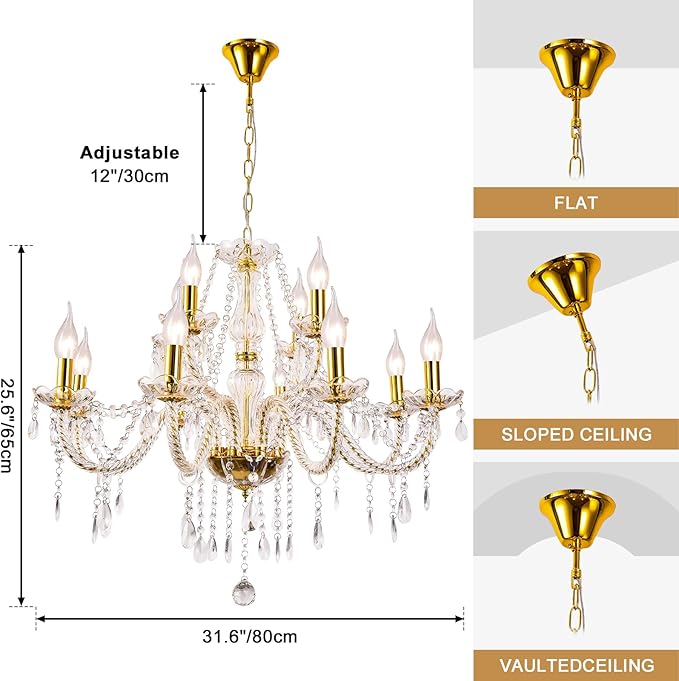 Modern Elegant 12 Lights K9 Crystal Glass Chandelier Golden Pendant Ceiling Lighting European Style for Dining Living Room Bedroom Transparent,12 E12 Bulbs Required-Ruum Studio Home