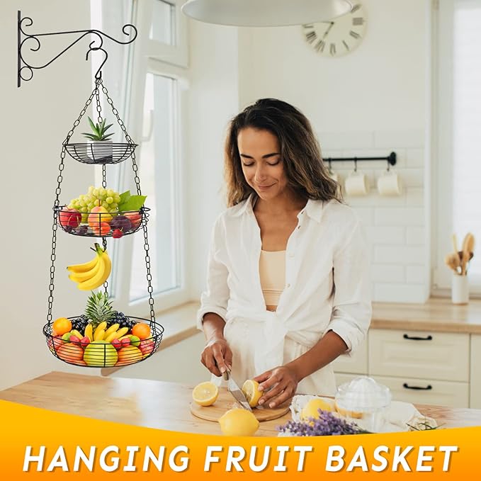 HULISEN 3 Tier Hanging Fruit Basket with Banana Hook, Heavy Duty Wire Hanging Baskets for Kitchen Storage, 36 Inch Hanging Vegetable Produce Basket Organizer (Including Installation Bracket)-Ruum Studio Home