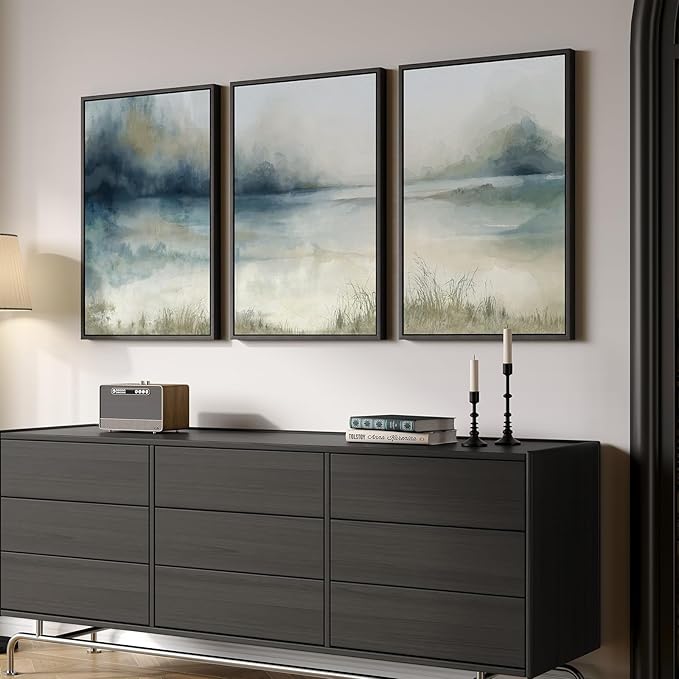 Large Framed Abstract Nature Landscape Wall Art for Living Room, 3 Piece Modern Canvas Prints Paintings Artwork for Walls, Blue Watercolor Lake Mountain Pictures for Hallway Office Wall Decor 24x36 In-Ruum Studio Home