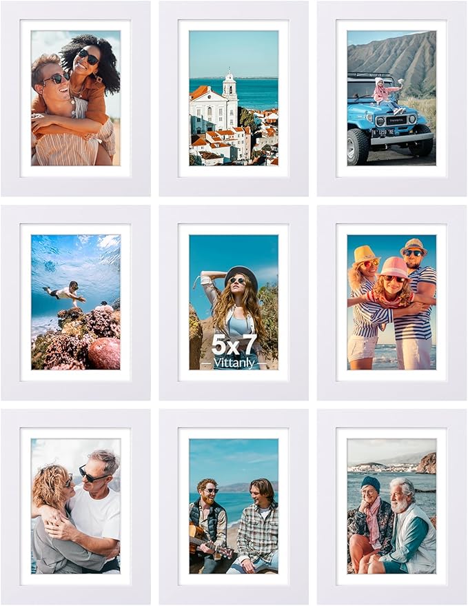 Vittanly 5x7 Picture Frames Set of 9, Shatter Resistant Plexiglass, Display 4x6 Pictures with Mat or 5x7 without Mat, Photo Frames for Wall or Tabletop, Engineered Wood, White-Ruum Studio Home