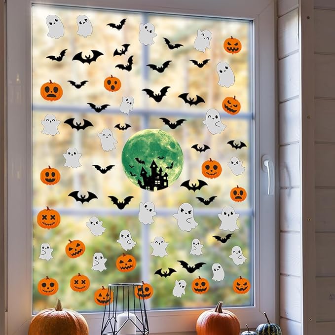 6 Sheets Halloween Window Clings Halloween Window Stickers Double-Sided Removable Castle Pumpkin Ghost Bat Window Decals Decor for Scary Halloween Theme Party Decorations-Ruum Studio Home