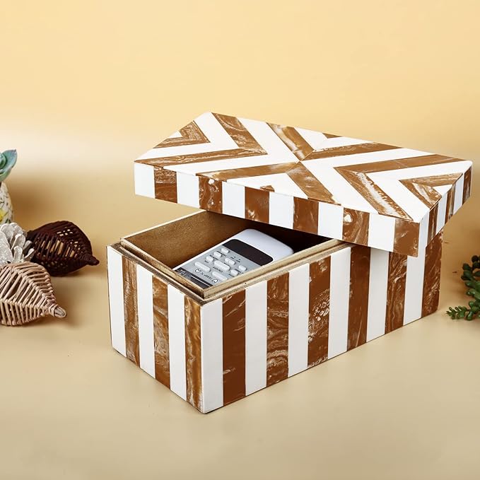 Handicrafts Home Handmade Chevron Pattern Decorative Box - Storage Organizer, Decor Centrepiece, Memory Keepsakes, Home Decor - Boho Style Treasure Box, Multipurpose Gift - Brown, 10x5x5-Ruum Studio Home