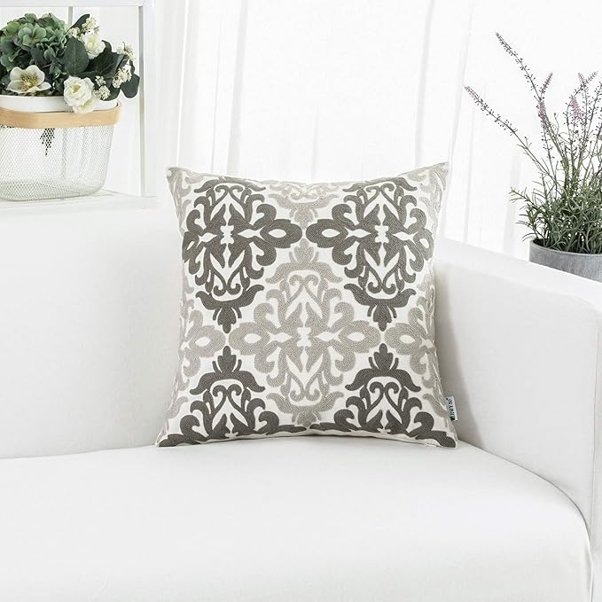 HWY 50 Gray Grey Decorative Throw Pillow Covers 18x18 Inch, Pack of 2 Embroidered Cotton Farmhouse Cushion Cover Pillow Case for Sofa Couch Living Room Bed Bedroon, Accent Geometric-Ruum Studio Home