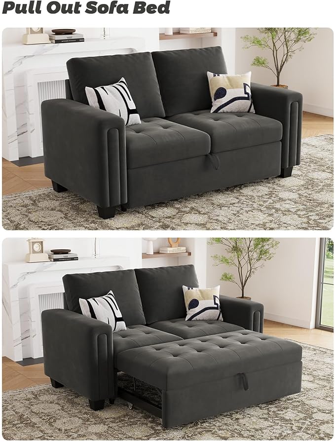 Belffin Modular Sectional Sleeper Sofa with Pull Out Couch Bed Modular Sleeper Loveseat Sectional Sofa Velvet Fabric for Living Room Apartment Grey-Ruum Studio Home