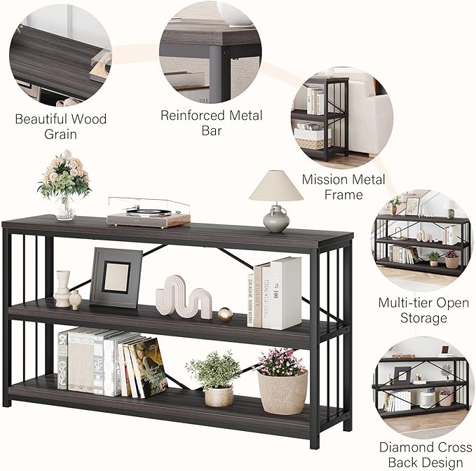 LVB 3-Tier Rustic Console Table, Extra Long Entryway Table with Storage, Industrial Skinny Wood Metal Sofa Table with Shelf, Modern Narrow Hallway Table for Foyer Living Room Bedroom, Dark Gray, 70 In-Ruum Studio Home