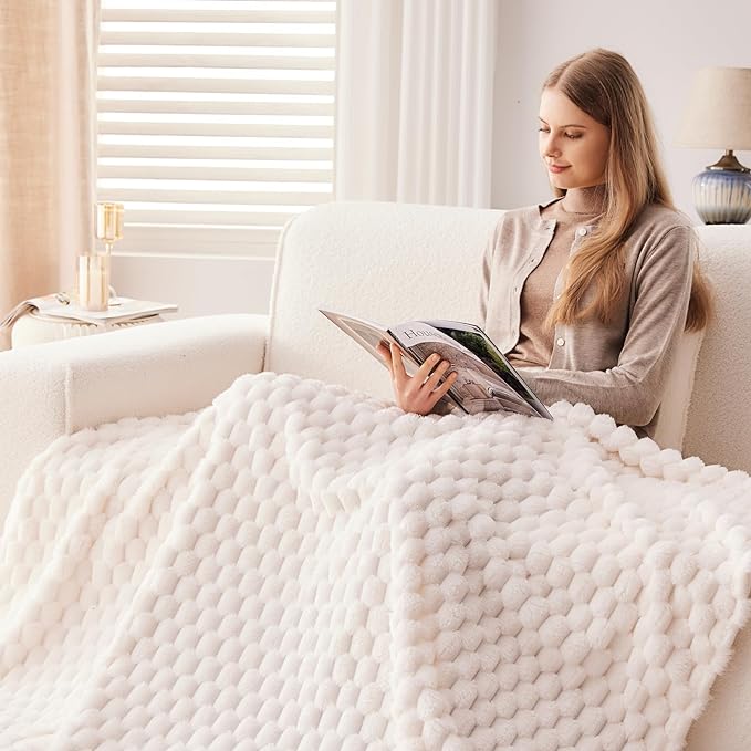 NEWCOSPLAY Super Soft Twin Blanket Ivory Premium Silky Flannel Fleece 3D Clouds Stylish Jacquard Lightweight Bed Blanket All Season Use 350GSM (Ivory, Twin(60"x80"))-Ruum Studio Home