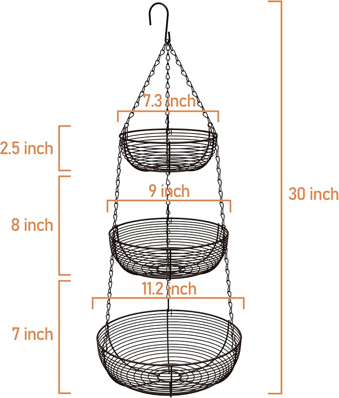 CAXXA 3-Tier Hanging Basket Fruit Organizer Kitchen Heavy Duty Wire Organizer with 2 Free Bonus Metal Ceiling Hooks(Bronze)-Ruum Studio Home