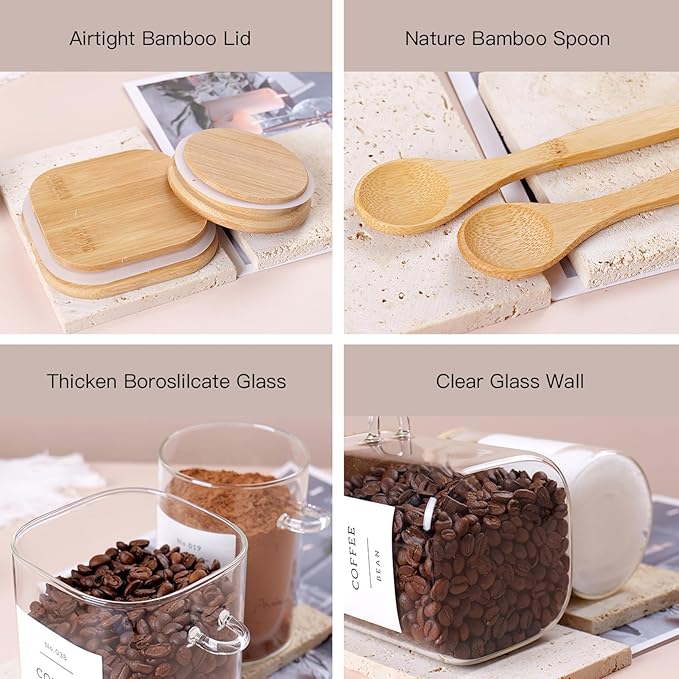 6 Pack Glass Jars with Bamboo Lid and Spoons - 17Oz/27Oz Borosilicate Glass Jars with 132 Pantry Labels - for Coffee Beans, Tea, Sugar & More-Ruum Studio Home