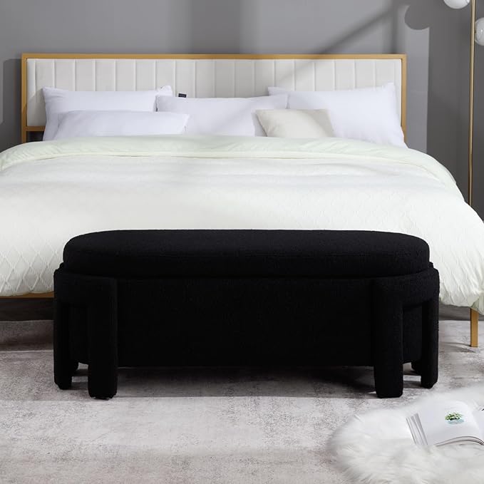 Modern Upholstered Storage Bench, Sherpa Fabric 50" Long Entryway Bench with Storage and Seating, Comfy Cute Ottoman Bench for Living Room/End of Bed/Hallway, Black-Ruum Studio Home