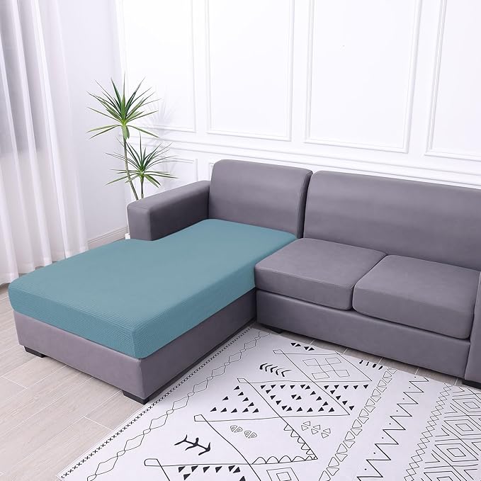 hyha Waterproof Sectional Couch Covers, Non Slip Sofa Couch Cushion Covers L Shape, Thick Stretch Jacquard Fabric, Washable Sofa Slipcovers with Elastic Bottom (1 Piece for Chaise, Lake Blue)-Ruum Studio Home