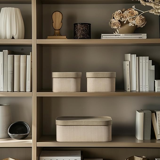 La Jolie Maison Fluted Cardboard Storage Baskets with Leather-Like Lids, Sturdy Stackable Paper Boxes Decorative Tray,Set of 3 Ivory-Ruum Studio Home