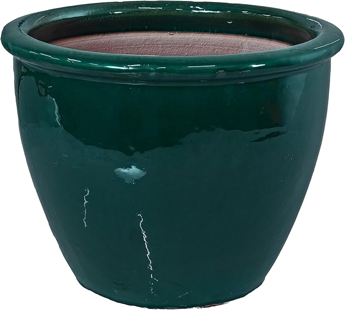 Sunnydaze Chalet Large Ceramic Plant Pot - Round Outdoor Glazed Ceramic Planter Pot with Drainage - Dark Green - 14.5"-Ruum Studio Home