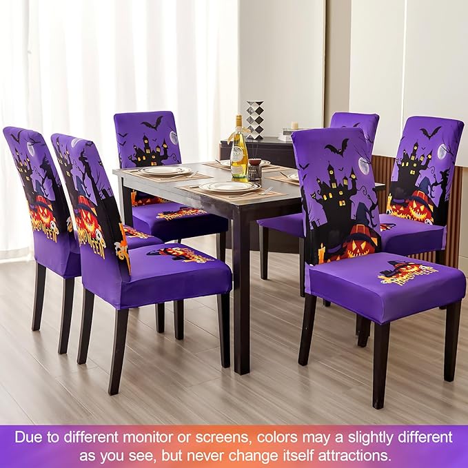 JQinHome Purple Halloween Chair Slipcover, Castle Chair Covers Set of 4, High Stretch Washable Chair Protector Cover for Dining Room, Kitchen,Home Party,Wedding Ceremony(Purple,4PC)-Ruum Studio Home