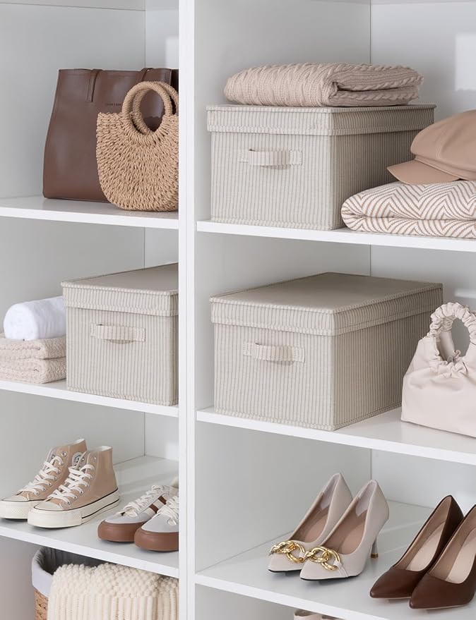 StorageWorks Large Storage Bins with Lids, Decorative Storage Boxes with Lid and Handles, Foldable Storage Baskets for Closet, Shelves, Stackable, Khaki Stripe, 3-Pack-Ruum Studio Home