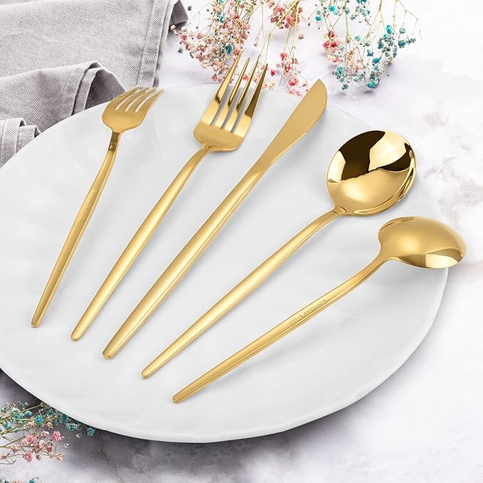 KassKa Gold Silverware Set, 20 Pieces Flatware Cutlery, Stainless Steel Utensils Spoon Fork Knives for Home Restaurant and Kitchen, Mirror Polished Finished, Service for 4-Ruum Studio Home