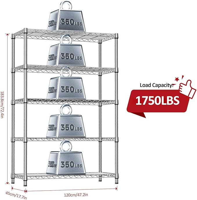 IZEUK 5-Tier Heavy Duty Metal Storage Shelving Unit (Chrome, 17.7" D x 47.2" W x 72.3" H, 1750 lbs Capacity), Adjustable Steel Wire Rack Shelf Organizer for Garage, Kitchen, Pantry, Basement, Laundry-Ruum Studio Home