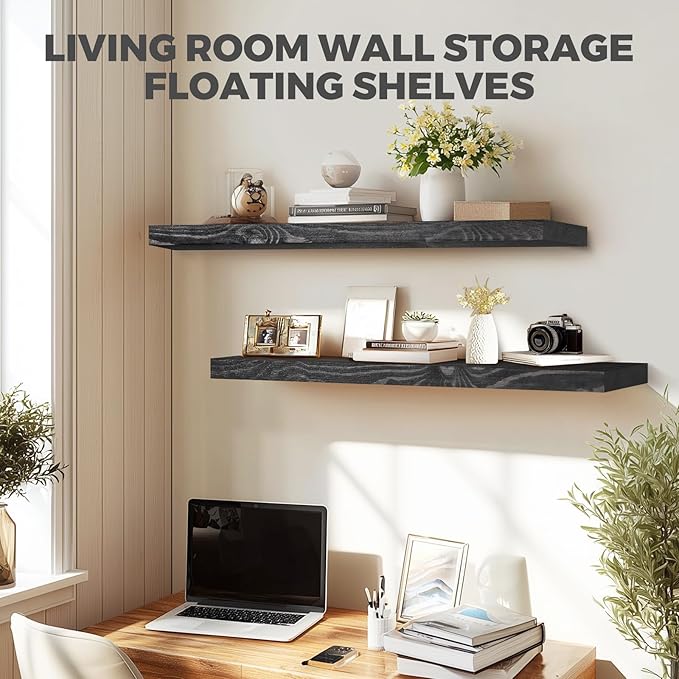36"x6.8"x1.2" Solid Wood Floating Shelves 2-Pack - Rustic Black Finish with Hidden Brackets, Perfect for Storage and Décor in Living Room, Kitchen, Bedroom-Ruum Studio Home