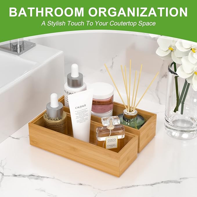 Bamboo Drawer Organizer – Set of 2 Stackable Storage Boxes, Silverware Tray & Small Gadget Holder for Kitchen Drawers, 9" x 3" x 2" (Outer), 8.3" x 2.3" x 1.77" (Inner)-Ruum Studio Home