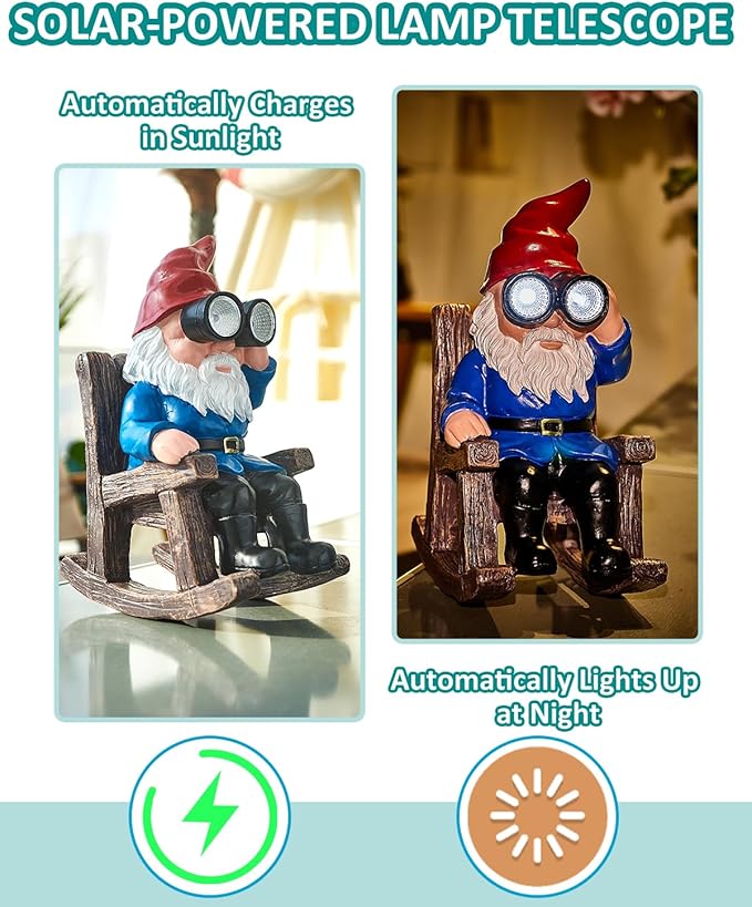 Solar Garden Gnome Statues Resin Gnome Figurines Sitting on Rocking Chair Outdoor Telescope Gnome Gifts for Yard, Patio Decor Gift-Ruum Studio Home