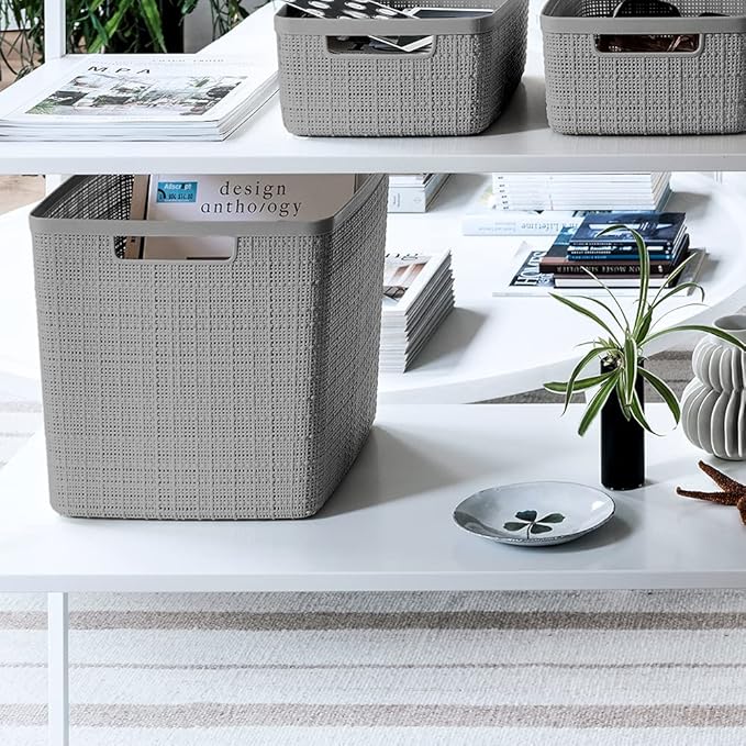Curver Set of 4 Jute Large Cube Decorative Plastic Organization and Storage Baskets, Perfect Bins for Home Office, Closet Shelves, Kitchen Pantry and All Bedroom Essentials, Grey-Ruum Studio Home
