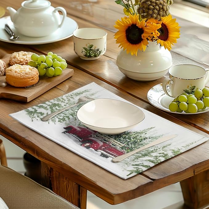 Red Truck Christmas Placemats Set of 4, 12x18 Inch Green Pine Tree Snow Xmas Table Mats Seasonal Rustic Farmhouse Linen Fabric Place Mats for Winter Holiday Party Kitchen Dining Decor-Ruum Studio Home