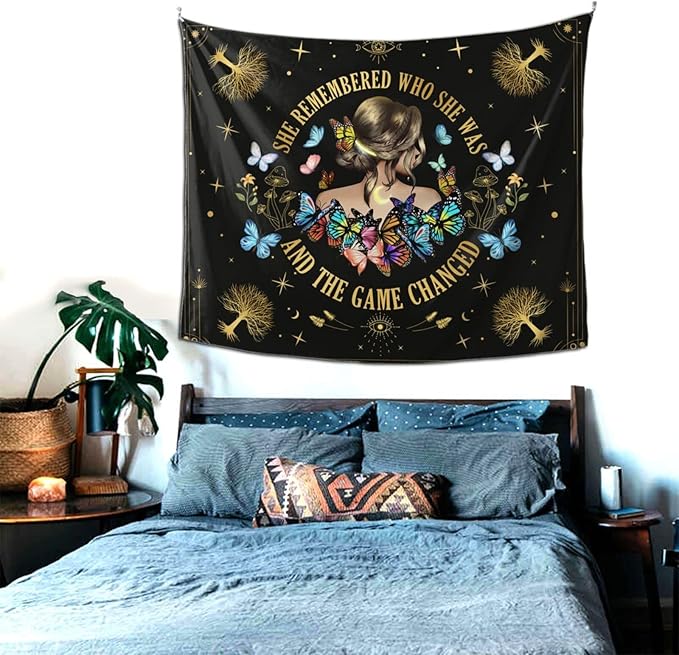 Bapcoku She Remembered Who She Was And The Game Changed Positive Quotes Tapestry Inspirational Gift Wall Decor for Bedroom,Uplifting Encouragement Gifts Butterfly Gifts for Women Teens Girls 60x50in-Ruum Studio Home