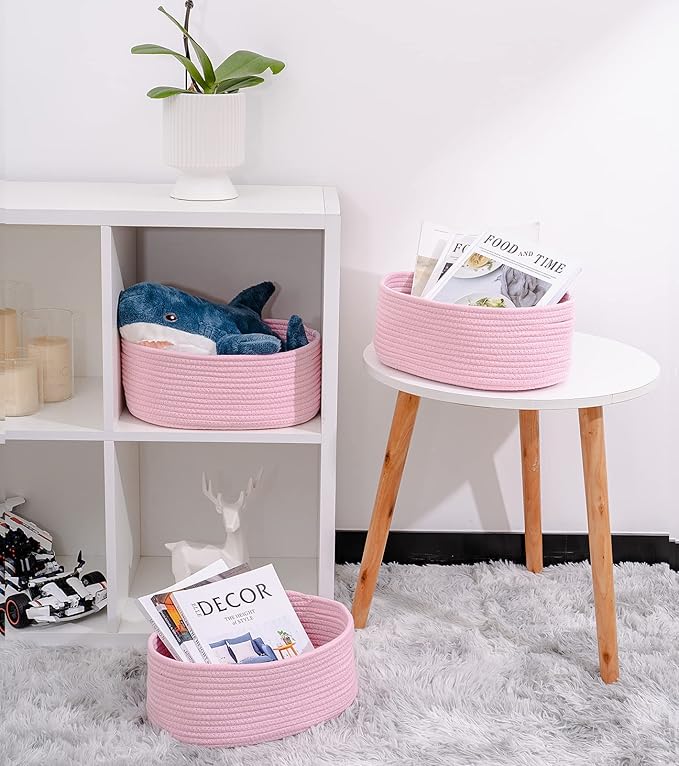 Cute Baskets for Shelf Storage Small Woven Basket to Store and Organize Daily Items/Durable Rope Basket for Living Room, Bedroom,Playroom/Oval-13x8.66x5.11’’,Stylish 3 Packs Pink-Ruum Studio Home