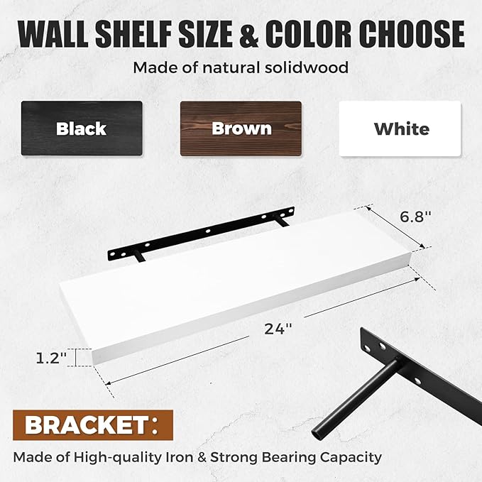 24"x6.8"x1.2" Solid Wood Floating Shelves 2-Pack - Rustic White Finish with Hidden Brackets, Perfect for Storage and Décor in Living Room, Kitchen, Bedroom-Ruum Studio Home