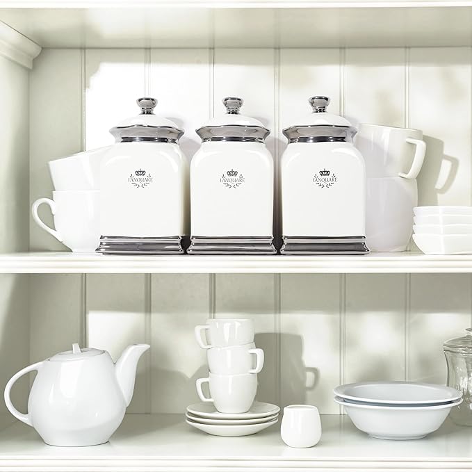 fanquare 30 OZ Cookie Jar, White Kitchen Canisters Set of 3, Farmhouse Porcelain Decorative Jars for Countertop, Ceramic Storage Jar for Coffee, Sugar, Tea Bag-Ruum Studio Home