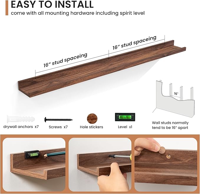 Fun Memories Picture Ledge Shelves Set of 2, 24 Inch Rustic Wall Mounted Floating Shelves with Lip for Home Storage and Décor in Bathroom, Kitchen, Nursery, Bedroom, Living Room, Walnut-Ruum Studio Home