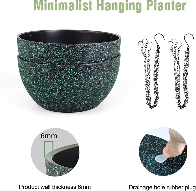 12 inch Large Hanging Planters for Indoor Outdoor Plants, 2 Pack Hanging Flower Pots with Drainage Holes and Chain, Plastic Hanging Baskets for House Plants, Black with Green Speckles-Ruum Studio Home