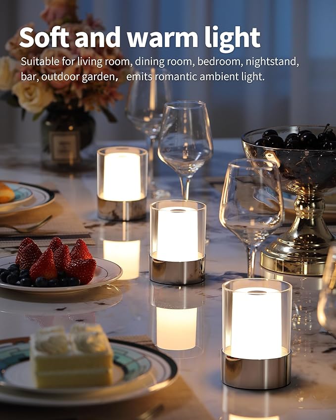 LED 4" inch Touch Night Light for Nursery Baby Kids Set of 2 (Chrome), Small Outdoor Waterproof Lamp for Bathroom Camping, Rechargeable Cordless Table Lamp for Bar Bedside Restaurant Gifts-Ruum Studio Home