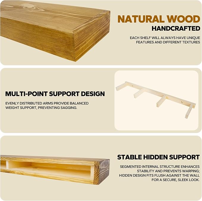 Floating Shelves 3 inch Thick for Wall Set of 2,Solid Pine Wood Wall Mount Shelf for Kitchen Living Room Bedroom Bathroom,8" D x 36" L x 3" H-Gold Oak-Ruum Studio Home