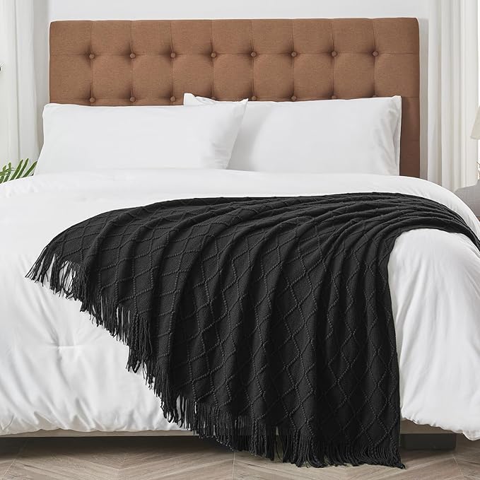 inhand Knitted Throw Blankets for Couch and Bed, Soft Cozy Knit Blanket with Tassel, Black Lightweight Decorative Blankets and Throws, Farmhouse Warm Woven Blanket for Men and Women, 50"x60"-Ruum Studio Home