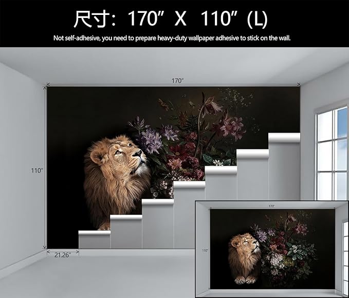 Lion Floral Wallpaper Nursery Wildlife Background Wall Mural Children's Room (Not Peel and Stick)-Ruum Studio Home