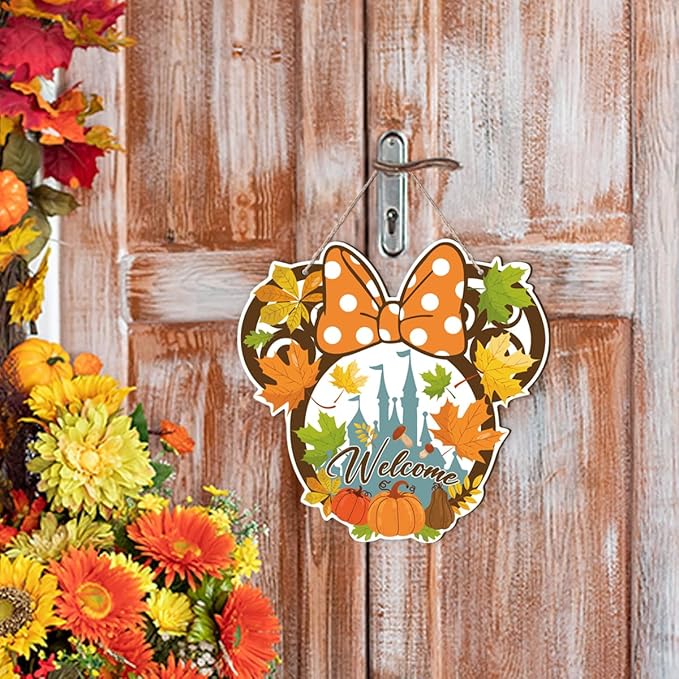 Fall Mouse Welcome Door Sign, Wooden Maple Leaves Mushroom Hanging Decor for Front Door, Fall Wood Wreath Wall Decor for Autumn Harvest Thanksgiving Home Decorations, Housewarming Gift-Ruum Studio Home