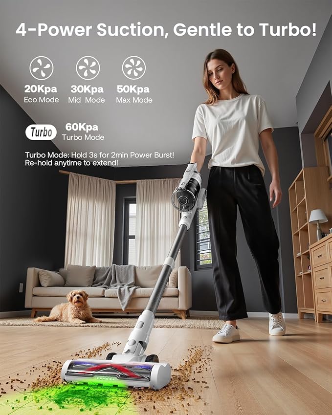 Cordless Vacuum Cleaner for Home, Upgraded 60Kpa Powerful Suction Pet Hair Vacuum with 70min Runtime, Green LED Light for Hardwood Floors & Carpet, Self-Standing Rechargeable Stick Vacuum, White-Ruum Studio Home