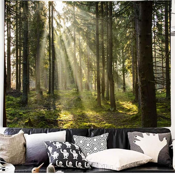 Onivein Forest Tapestry Nature Sunlight Streaming Through Green Trees Wall Hanging for Bedroom Living Room Office Decor 60 x 50 Inches-Ruum Studio Home