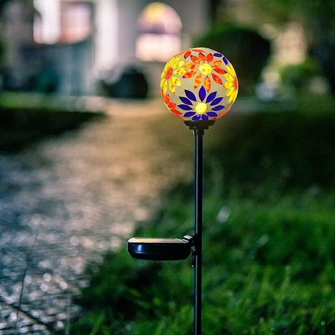 Afirst Solar Lights Outdoor Decorative - Solar Gazing Ball Mosaic Garden Stakes Flower Decorative Lights Waterproof for Pathway Yard Lawn Decoration Orange-Ruum Studio Home