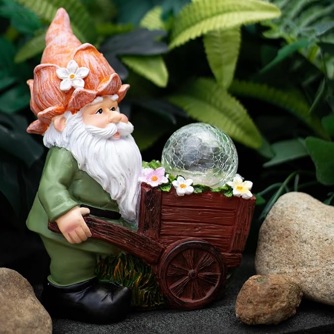 Solar Garden Gnome Statue with Crackle Glass Globe Lights, Waterproof Outdoor Decor for Patio, Lawn, or Yard, Whimsical Housewarming Gift(Green Gnomes)-Ruum Studio Home