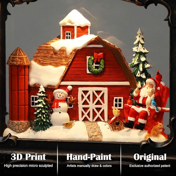Christmas Snow Globe Lantern Christmas Decorations Gifts Barn Snowman Santa Claus Cardinal Winter Farm Scene Musical Glitter Snowfall USB/Battery Timer 12 inch-Ruum Studio Home