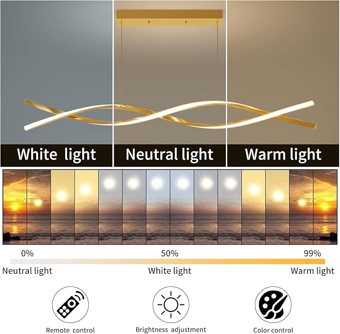 Modern Ceiling Pendant Light, with Remote Control Dimmable 3 Color Mode & Brightness Ceiling Lamp, Anti-Flicker Dining Light Fixture for Kitchen, Dining Room (Gold, 39IN)-Ruum Studio Home