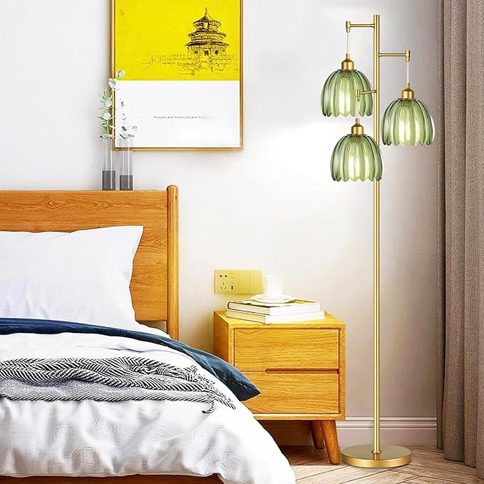 Gold Floor Lamp for Living Room,Bedroom,Mid Century Modern Standing Lamp Brass Tree 3 Light Tall Floor Lamps Vintage Retro Floor Lights Glass Green Flower Lamp Shade Farmhouse Boho Bohemian-Ruum Studio Home