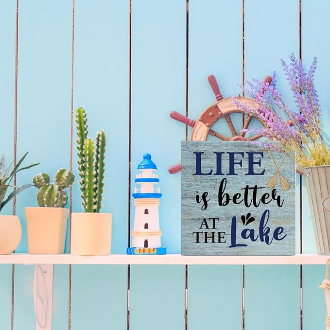Lake House Decor Summer Lake Decorations Lake Life Wooden Sign Rustic Home Decor 5 x 5 Inches-Ruum Studio Home