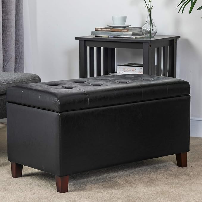 Asense Storage Ottoman Bench, Faux Leather Upholstered End of Bed Bench with Safety Hinge Wooden Legs, for Entryway Bedroom (Black, 33.3")-Ruum Studio Home