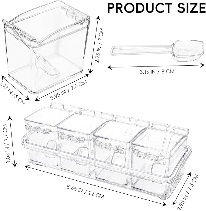 Clear Seasoning Box, 4 Pieces Seasoning Rack Spice Pots, Storage Container Condiment Jars Acrylic Seasoning Box with Covers and Spoons for Spice, Sugar, Salt, Sugar, Cardamon, Cinnamon-Ruum Studio Home