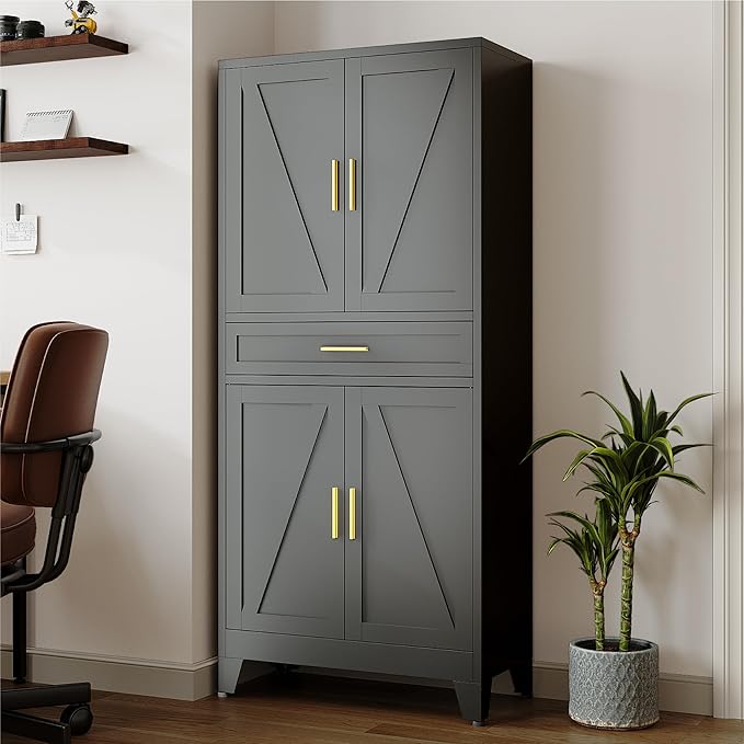 71 "Farmhouse Metal Filing Cabinet with a Drawer and 4 Adjustable Shelves, with 4 Large barn Door White Kitchen Cabinets, Metal Food Cabinets for Home, Kitchen, Dining/Living Room (Black)-Ruum Studio Home