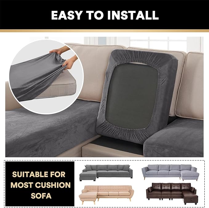 PrinceDeco Sectional Couch Covers 4 Pieces Velvet Separate Couch Cushion Covers L Shape for Left/Right Chaise Sectional Couch with Elastic Bottom (3 Seater + 1 Chaise,Grey)-Ruum Studio Home