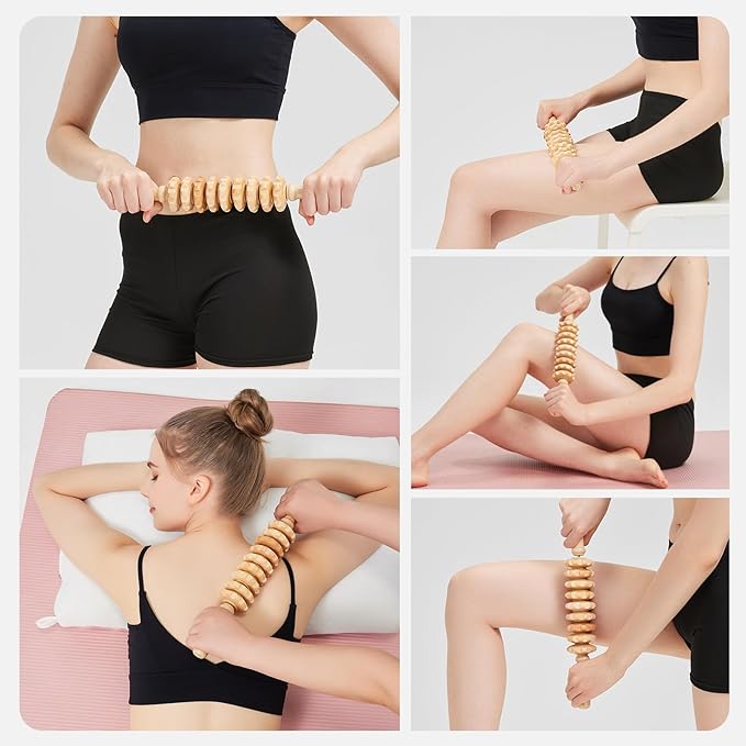 Wooden Cellulite Massage Roller for Legs and Thighs - Handheld Fascia Blaster Tool for Muscle Relief, Lymphatic Drainage & Body Sculpting - Anti Cellulite Massager for Women and Men (9 Wheel)-Ruum Studio Home